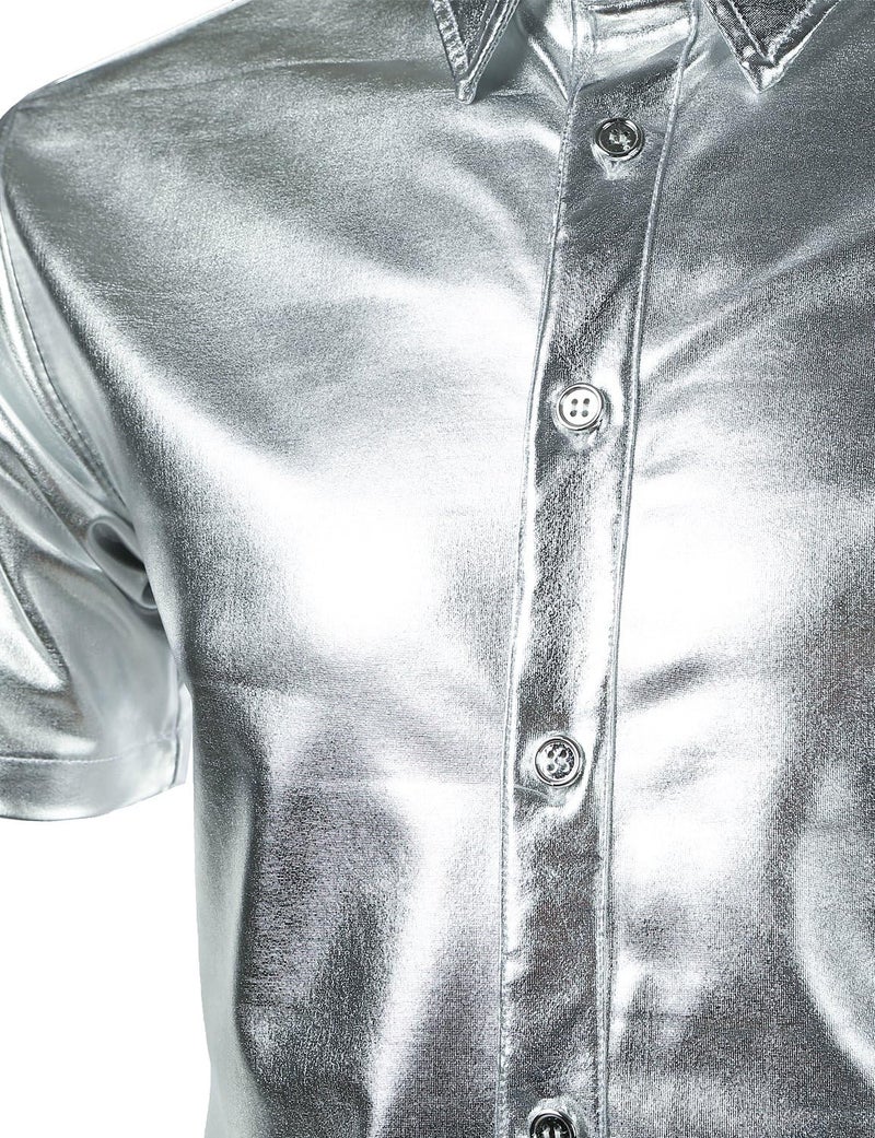 JOGAL Men's 70s Disco Shiny Metallic Gold Silver Short Sleeve Button Down Shirts Medium Silver - Image 4